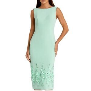Mac Duggal 11853 Bateau Neck Green Sleeveless Midi Dress 3D Floral Appliques 14
